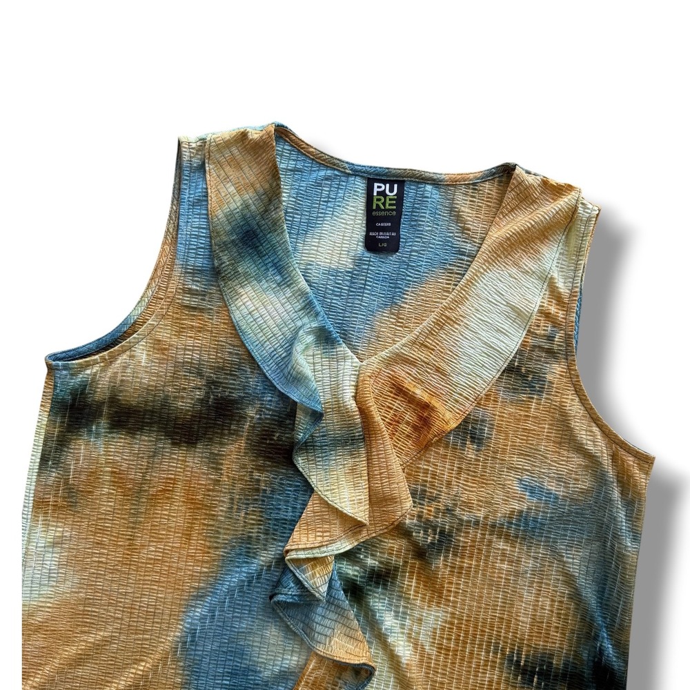 PURE Essence Women's L Blue Gold Tie Dye Ruffled V-Neck Plissé Sleeveless Blouse